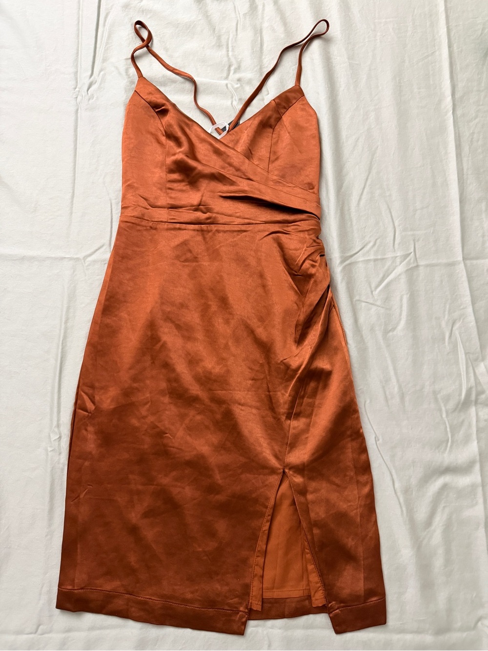 Lulu's Copper Satin Slip Midi Dress with Side Slit
